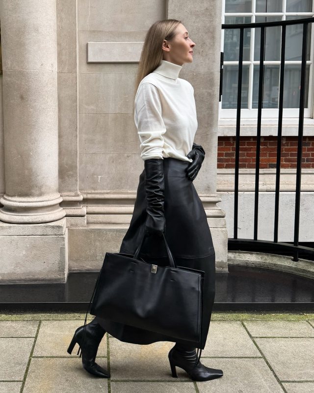 Khaite Nevada Stretch High Boot, The Frankie Shop Hedi leather wrap skirt and PHOEBE PHILO SMALL KIT CABAS worn by Victoria | victoriaxbel's closet