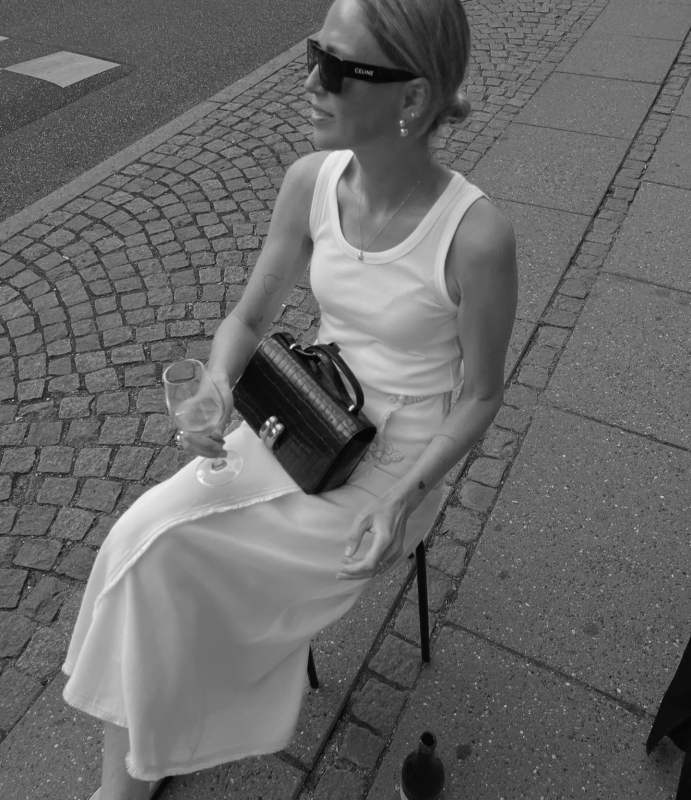 CELINE Rectangular sunglasses, By Malene Birger Esra midi skirt and By Malene Birger Noval Leather Shoulder Bag as seen on Maria Kaas | makaas's closet