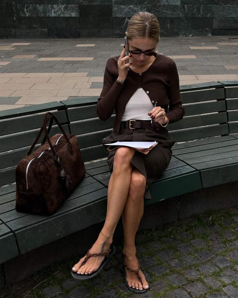 MAGDA BUTRYM Brigitte Large suede duffel bag, Saint Laurent Cotton pencil skirt, MIU MIU Sporty Rope Thong Slingback Sandals and Realisation par The Winona Cardigan worn by Pernille Teisbaek | pernilleteisbaek's closet