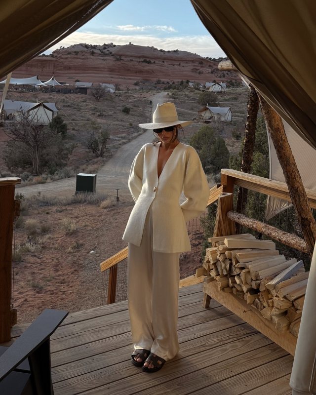 DISSH SCOUT CREAM LONG SLEEVE KNIT TOP and Janessa Leone Hamilton Hat worn by Madina Archakova | Madina Archakova Outfits and Style