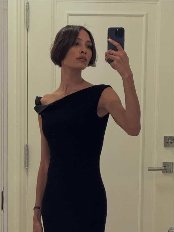The Row Violetta asymmetric frayed silk-tweed gown worn by TyLynn | TyLynn Outfits and Style