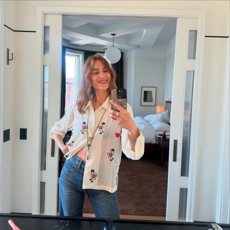 Bode Beaded Wildflower Long Sleeve Cotton Button-Up Shirt worn by Alexa Chung | alexachung's closet