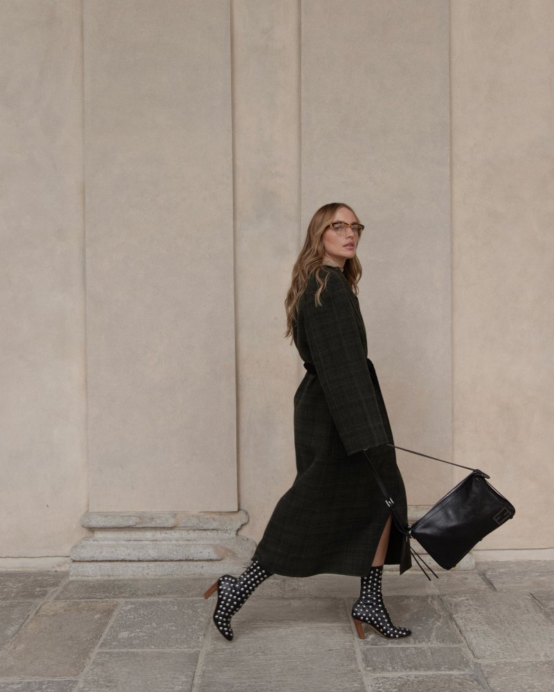 Khaite Apollo 85 studded leather ankle boots, MIU MIU SMU09Z pilot-frame glasses, Fendi Simply Fendi Medium Black leather bag and Fendi Green tweed coat worn by Viky Rader | vikyrader's closet