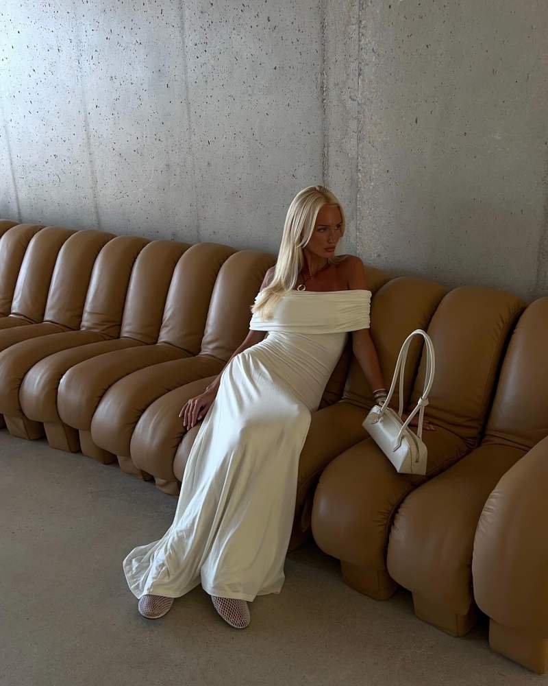ALAIA Le Teckel Small leather shoulder bag, ALAIA BALLET FLATS IN FISHNET and NA-KD Off Shoulder Low Waist Maxi Dress worn by Lovisa Worge | lovisaworge's closet