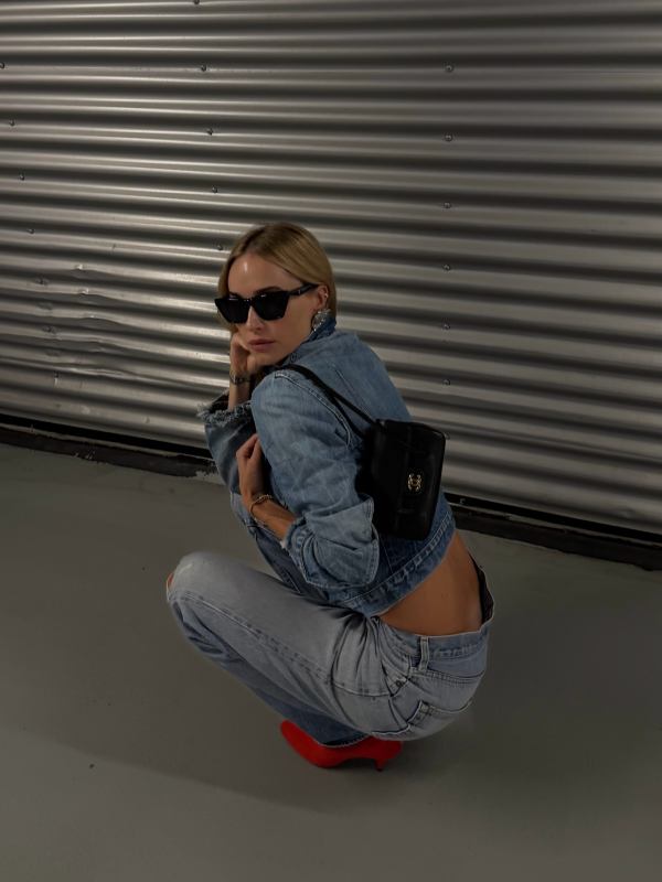 Saint Laurent SL M103 Sunglasses, Levi's Vintage 2000s Levi's Engineered Garments Denim Jacket, CHANEL Spring Summer 2026 Small Flap Bag and Tina Denim Pumps 65 mm worn by Pernille Teisbaek | Pernille Teisbaek Outfits and Style