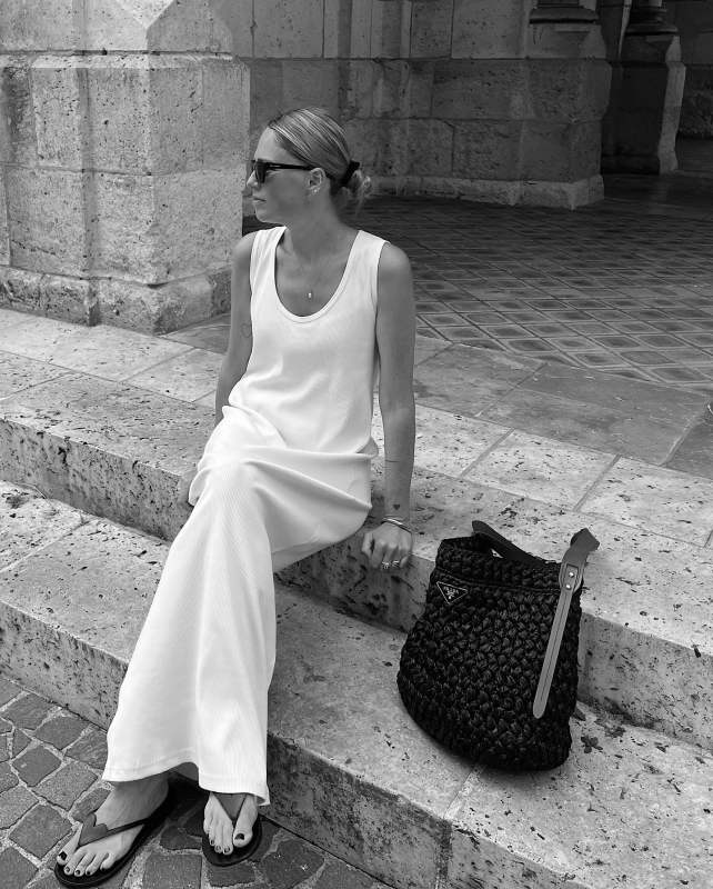 ARKET Ribbed Tank Dress, Saint Laurent SL 276 Mica cat-eye sunglasses, By Malene Birger Ladina Leather Heart Sandals and PRADA Bucket Bag worn by Maria Kaas | makaas's closet
