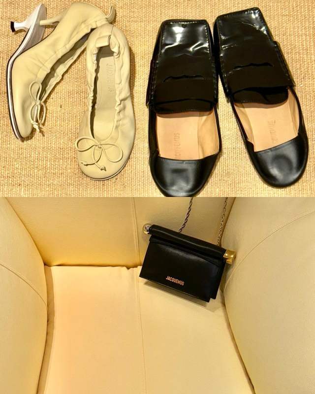 Jacquemus Les Mocassins Carre Leather Loafers, Jacquemus La Petite Pochette Rond Carré leather clutch and Jacquemus Les Doubles Ballerina Pumps worn by Sunrin Jeoung | suesasha's closet