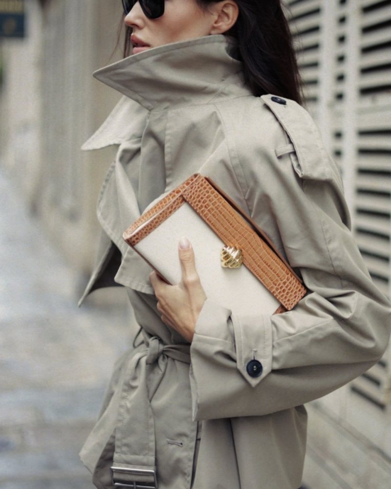 Aquazzura Alex Rivière croc-effect leather-trimmed canvas clutch and ZARA SHORT TRENCH COAT ZW COLLECTION worn by Alex Rivière-Sieber | ariviere's closet