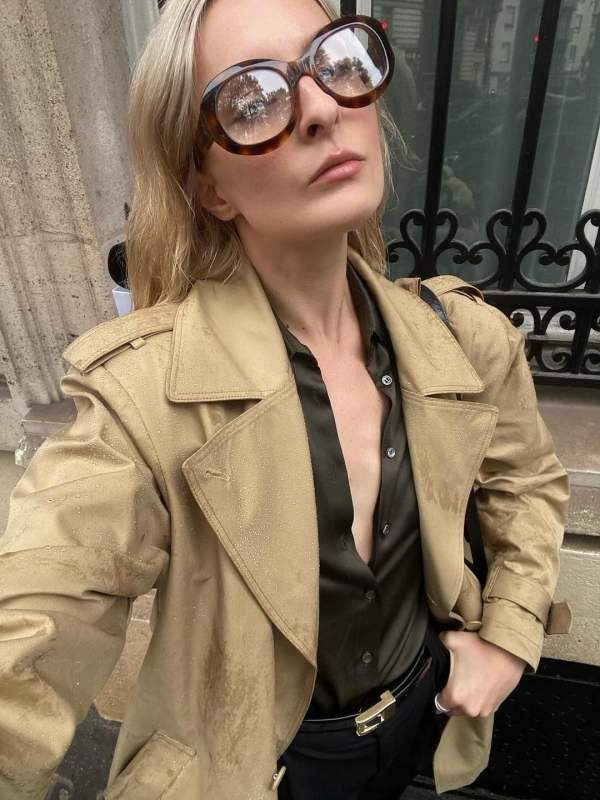 Saint Laurent Glossed-leather belt, The Frankie Shop Raleigh Trench Coat, CELINE Glasses and vintage Armani Shirt worn by Christie Tyler | christietyler's closet
