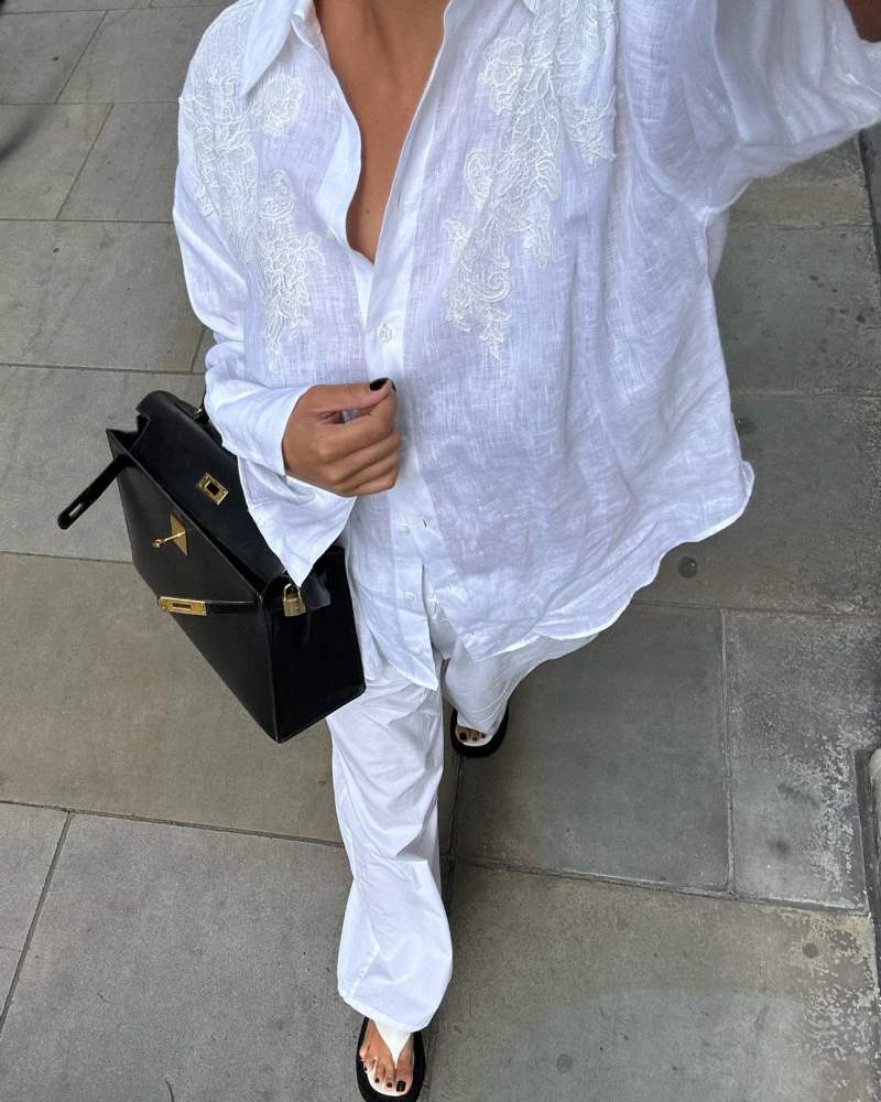 The Row Ginza two-tone leather and suede platform flip flops, ZARA EMBROIDERED LINEN SHIRT and HERMES Kelly Bag worn by Charlotte Emily Sanders | charlotteemilysanders's closet