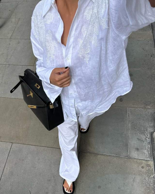 The Row Ginza two-tone leather and suede platform flip flops, ZARA EMBROIDERED LINEN SHIRT and HERMES Kelly Bag worn by Charlotte Emily Sanders | charlotteemilysanders's closet