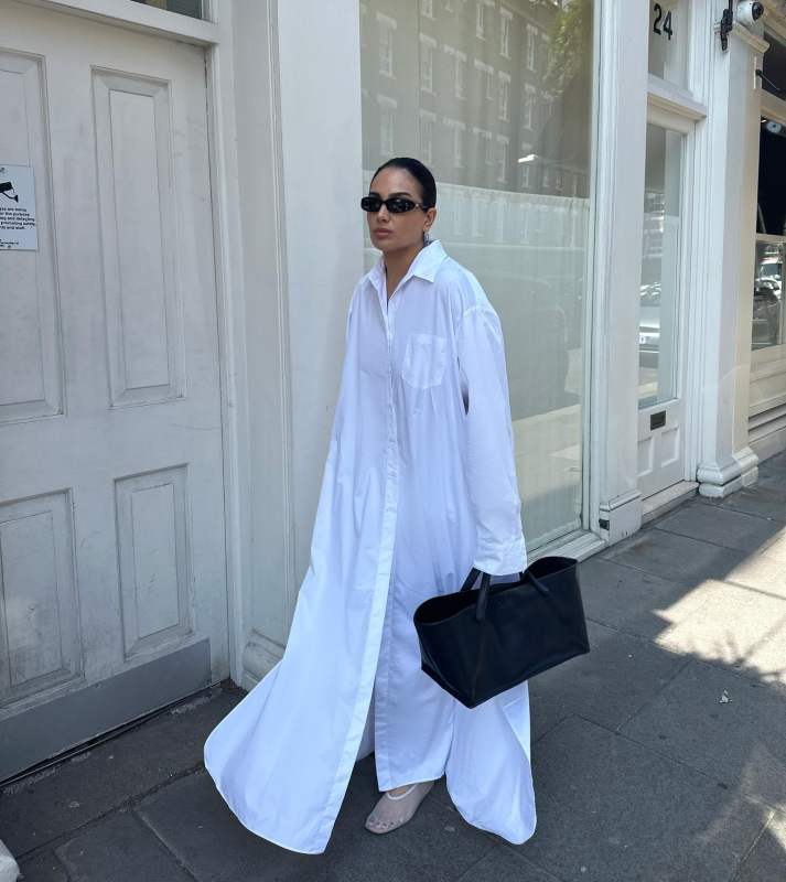 ARKET Mesh Ballerinas, The Frankie Shop Avery Oversized Cotton-Blend Maxi Shirt Dress and The Row Idaho XL leather tote worn by Charlotte Emily Sanders | charlotteemilysanders's closet