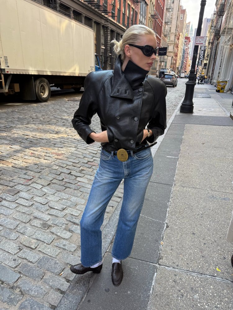 MAGDA BUTRYM Double-breasted leather jacket, The Row Soft ruched leather loafers, Khaite x Oliver Peoples 1967C and MAISON CELINE BELT IN Taurillon Leather worn by Elsa Hosk | Elsa Hosk Outfits and Style