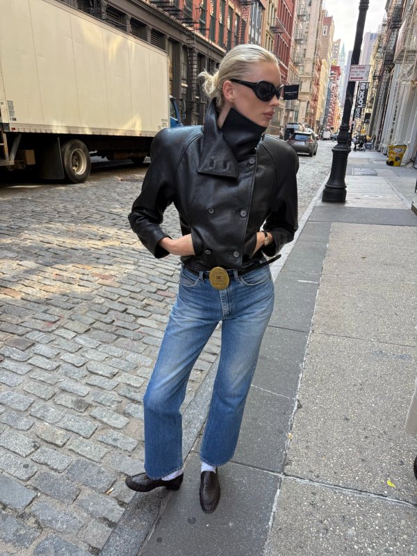 MAGDA BUTRYM Double-breasted leather jacket, The Row Soft ruched leather loafers, Khaite x Oliver Peoples 1967C and MAISON CELINE BELT IN Taurillon Leather worn by Elsa Hosk | Elsa Hosk Outfits and Style