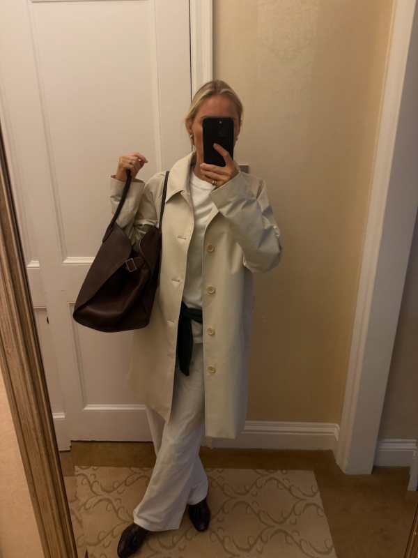 REZA Vince Raglan Trenchcoat Off-White worn by Claire Rose | Claire Rose Outfits and Style