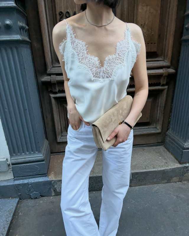 Khaite Audrey Clutch and ROHE Silk Lace Camisole Top worn by Chloe Pinchasick | Chloe Pinchasick Outfits and Style
