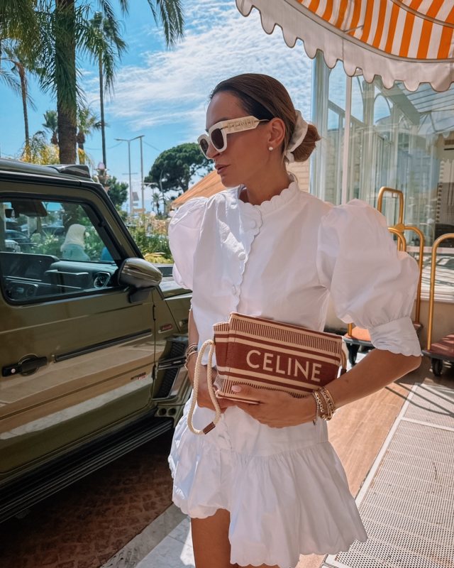 VITA GRACE Paulette Scalloped Cotton Shirt, CELINE THAIS POUCH in STRIPED TEXTILE WITH CELINE and Fendi Fendigraphy 51MM Geometric Sunglasses worn by Lena Terlutter | lenaterlutter's closet