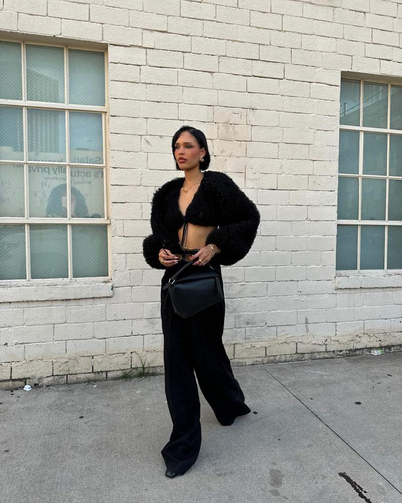 SAINT LAURENT WIDE-LEG PANTS IN STRIPED WOOL, SELEZZA LONDON Mercy Cardigan and LOEWE Puzzle Edge Mini Bag worn by Nara Smith | naraaziza's closet