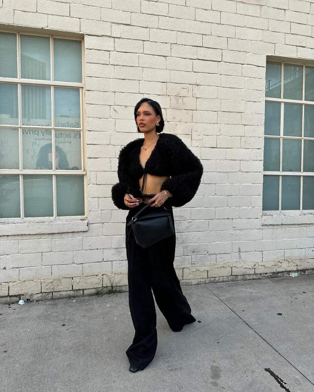 SAINT LAURENT WIDE-LEG PANTS IN STRIPED WOOL, SELEZZA LONDON Mercy Cardigan and LOEWE Puzzle Edge Mini Bag worn by Nara Smith | naraaziza's closet