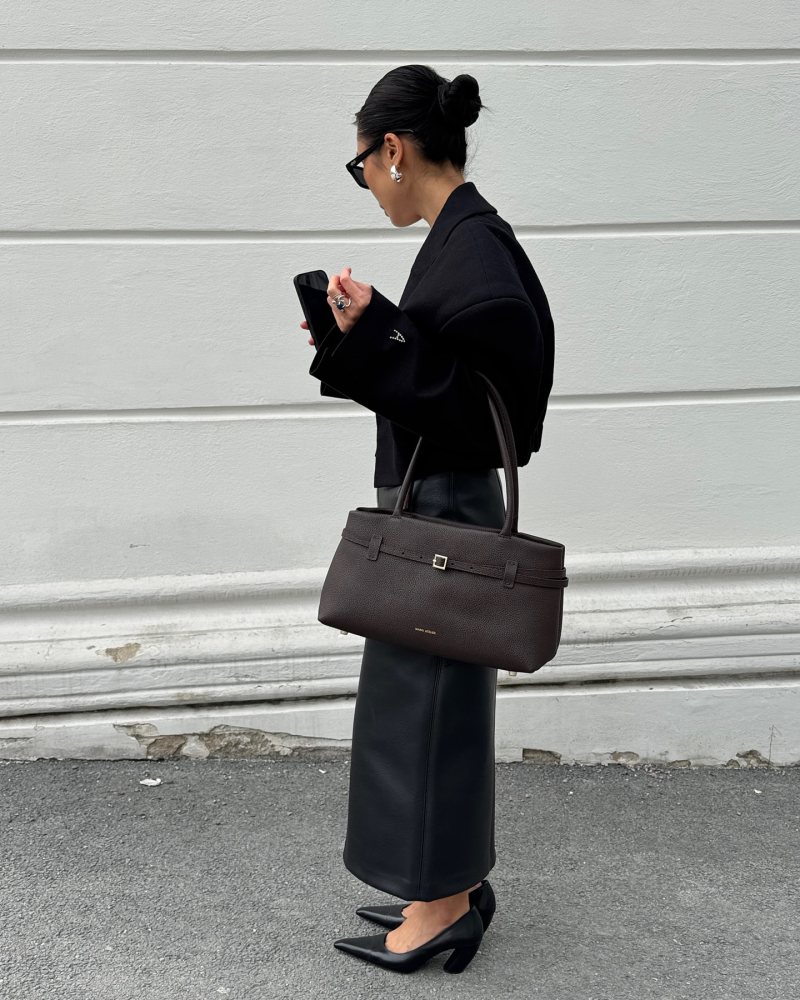 MANU ATELIER Le Cambon East West Deep Brown and H&M Leather Pumps worn by Sophie Khanh | Sophie Khanh Outfits and Style