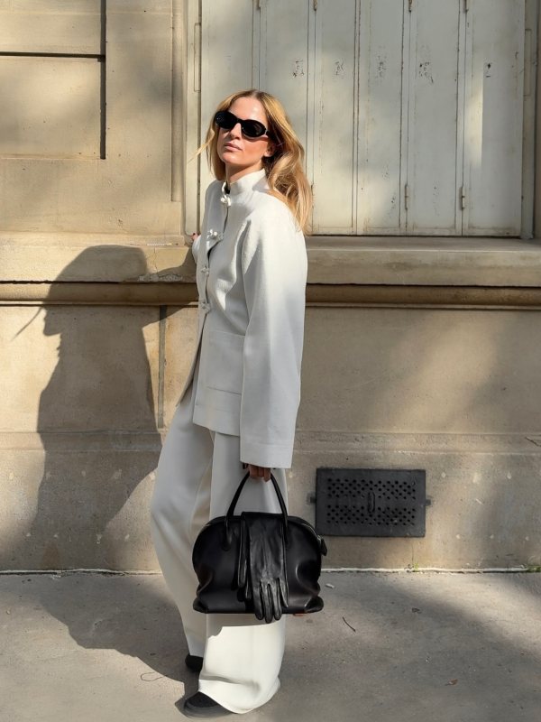 RÓHE Woven jacket and The Row Agnes Bowling Top-Handle Bag in Grain Leather worn by Mirjam Flatau | Mirjam Flatau Outfits and Style