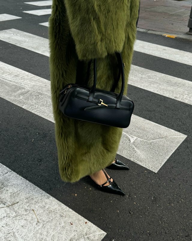 Larroude Grace Ankle Strap Pointed Toe Kitten Heel Pump, MANGO 100% fur-effect long coat and MANGO 100% leather shopper back with buckle worn by Gala Gonzalez | galagonzalez's closet