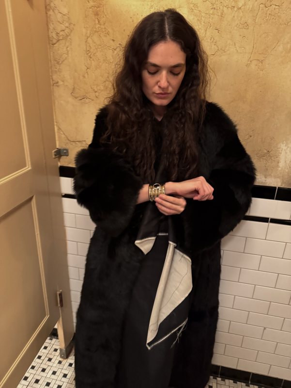 LouLou de Saison shearling panelled coat, LA COLLECTION Black Macha Raw Scarf Top and Heaven Mayhem CLARKE CUFF worn by Emily Bonita | Emily Bonita Outfits and Style
