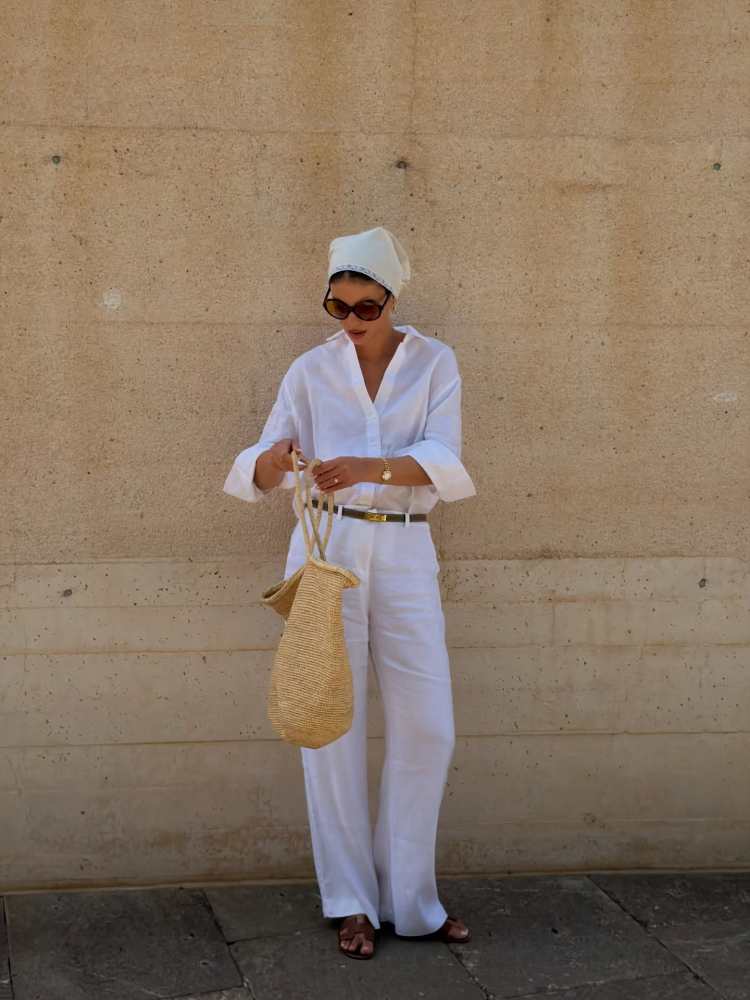 Tom Ford Annabelle round sunglasses, ARKET Raffia Tote Bag, MIU MIU poplin and lace logo scarf, HERMES Kelly 18 belt, HERMES Oran sandal and Tiffany HardWear Large Link Earrings in Yellow Gold worn by Cristina Huda | Cristina Huda Outfits and Style