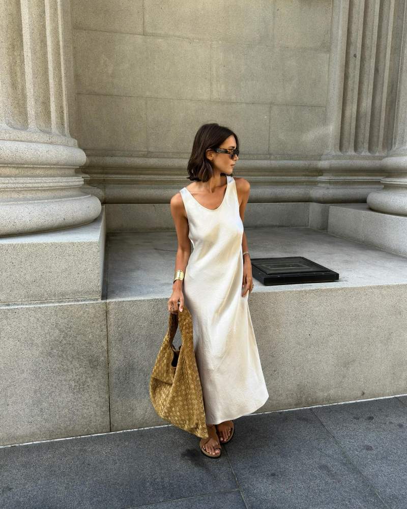 Max Mara Talete sleeveless satin midi dress and Bottega Veneta Large Hop suede shoulder bag worn by Lison Sebellin | lisonseb's closet
