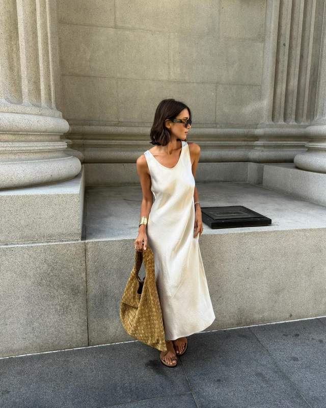 Max Mara Talete sleeveless satin midi dress and Bottega Veneta Large Hop suede shoulder bag worn by Lison Sebellin | lisonseb's closet