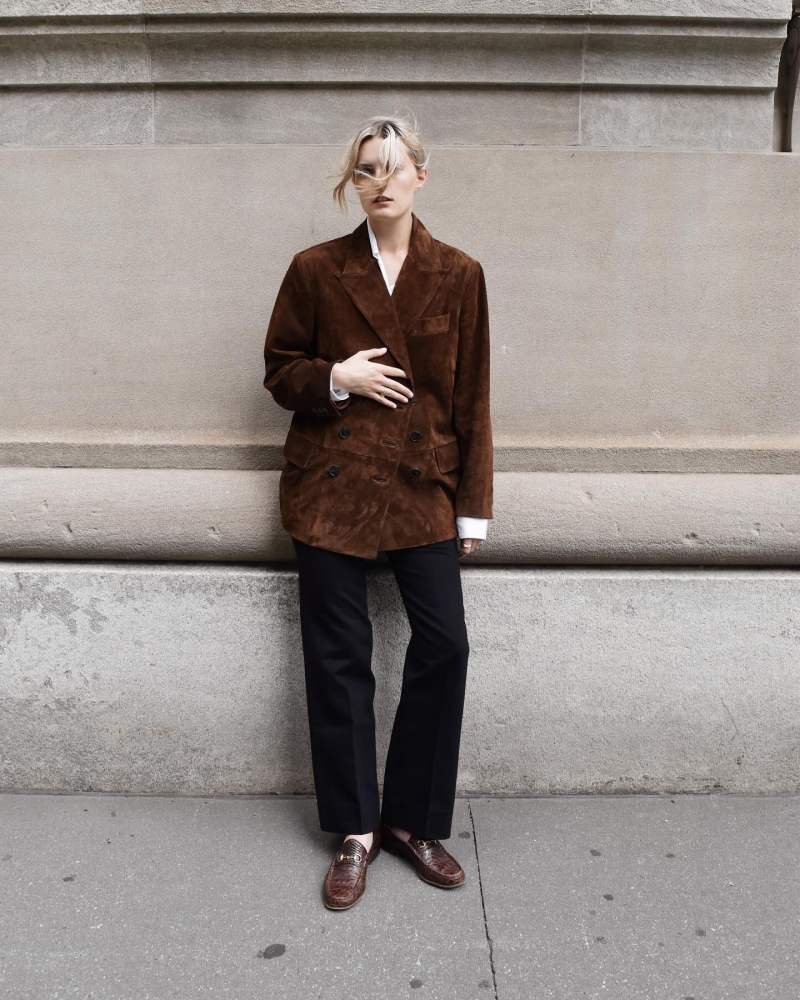 Madewell Alexa Chung for Madewell Double-Breasted Blazer in Suede worn by Christie Tyler | christietyler's closet