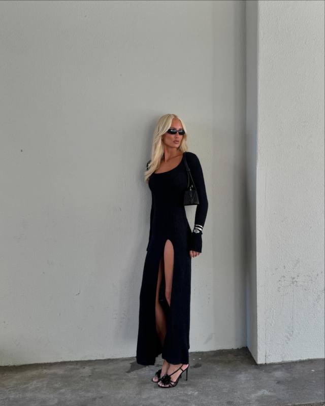 Jacquemus Black Le Chouchou 'La Robe Dao' Maxi Dress, Aquazzura Paris Rose 105mm leather sandals and ALAIA Le Teckel leather shoulder bag worn by Lovisa Worge | lovisaworge's closet