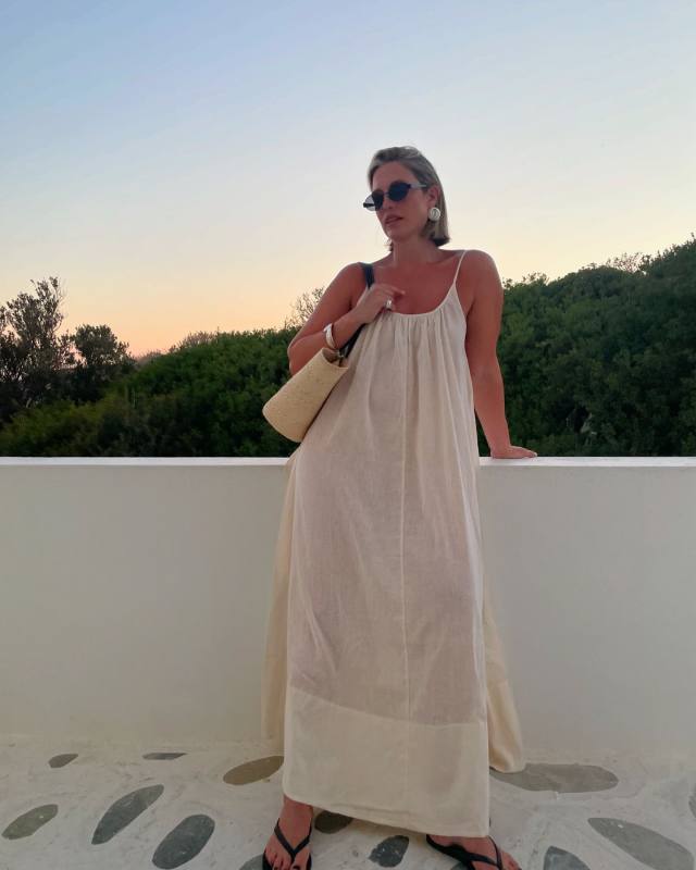DISSH TROPEA CREAM LINEN SHEER MIDI DRESS worn by Alexis Foreman | alexisforeman's closet