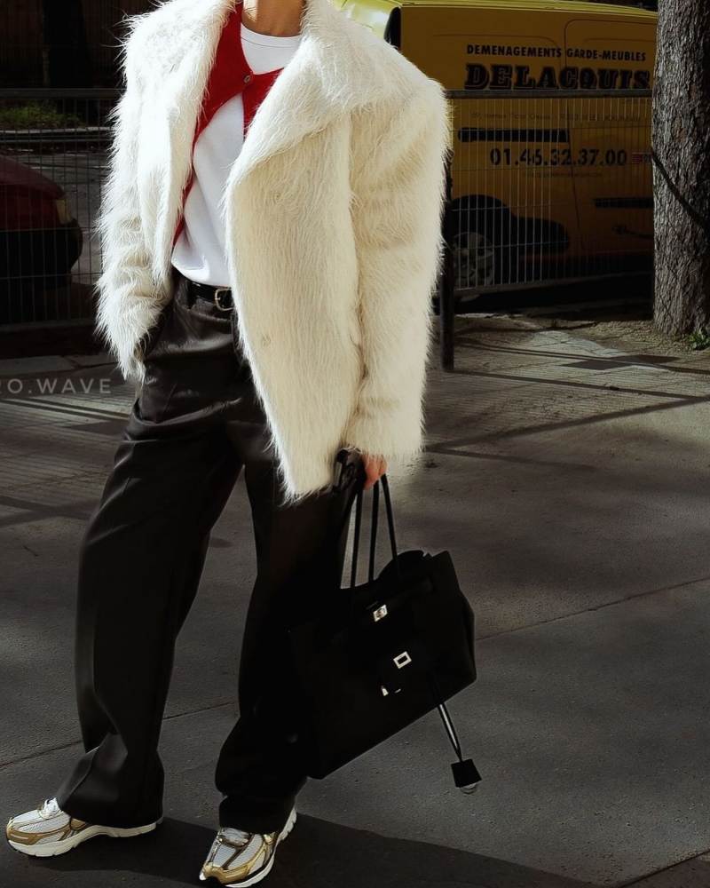 Balenciaga Bel Air Medium Carry All Bag in Black, MAGDA BUTRYM Alpaca Wool Blend High-collar Jacket in Cream and Nike Zoom Vomero 5 "Metallic Gold" sneakers worn by Vittoria Ceretti | vittoria's closet