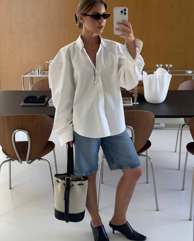 CELINE Cat-eye sunglasses, ARKET Loose Denim Shorts, DUNST Classic Canvas Bucket Bag and BALENCIAGA White Shirt worn by inga sinkeviciene | ingasinkeviciene's closet