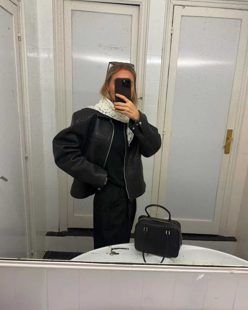 MAGDA BUTRYM Crochet scarf in cream, MAGDA BUTRYM Boxy embossed leather zip jacket in black and HERMES Plume mini bag worn by Claire Rose Cliteur | Claire Rose Cliteur Outfits and Style