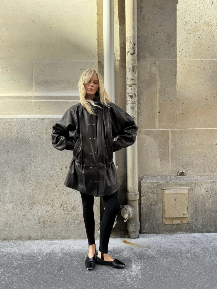 MAGDA BUTRYM Cinched leather jacket in black and Soeur bala ballet flats worn by Josefine Haaning Jensen | Josefine Haaning Jensen Outfits and Style