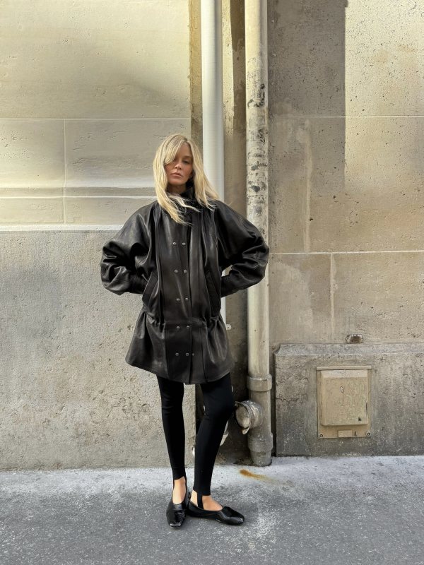 MAGDA BUTRYM Cinched leather jacket in black and Soeur bala ballet flats worn by Josefine Haaning Jensen | Josefine Haaning Jensen Outfits and Style