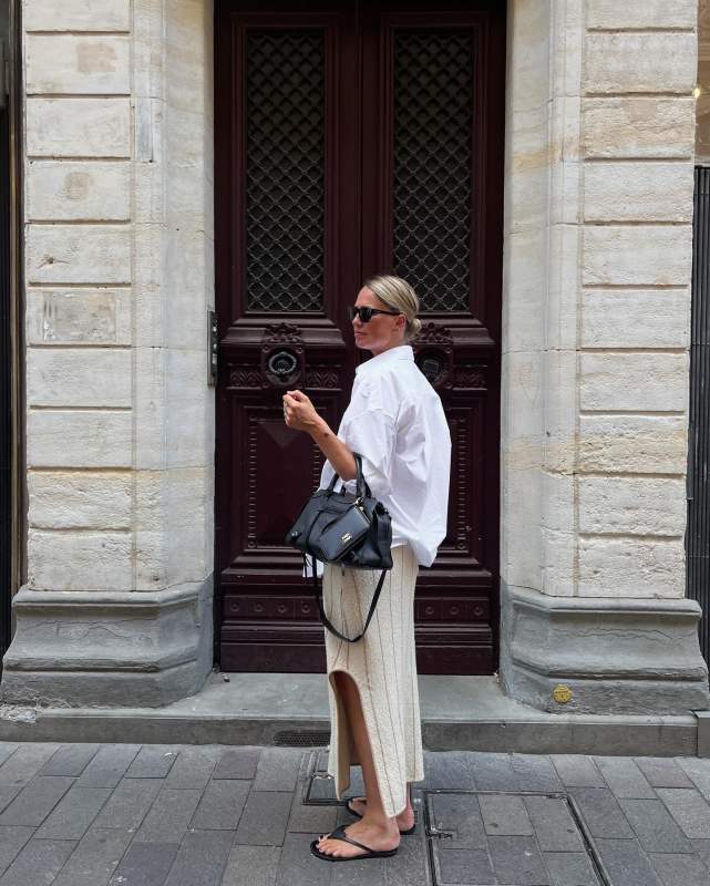 By Malene Birger Hercula striped midi skirt, By Malene Birger Ladina Leather Heart Sandals, Saint Laurent SL 276 Mica cat-eye sunglasses, Balenciaga Neo Classic leather tote and ACNE STUDIOS White Shirt worn by Maria Kaas | makaas's closet