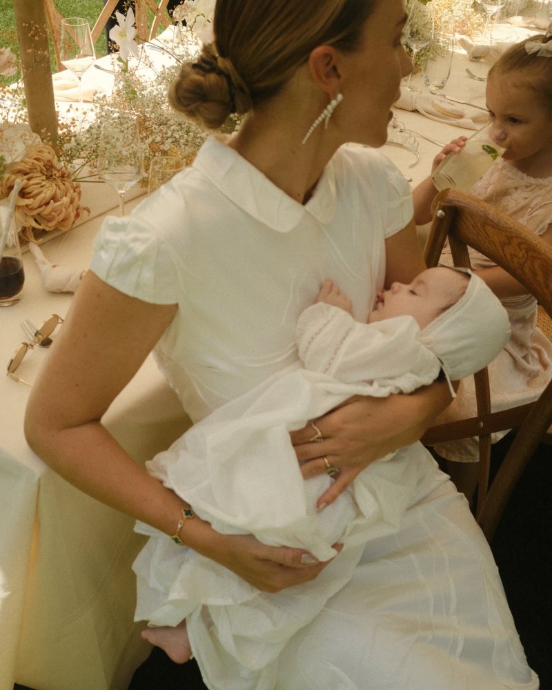 MIU MIU Wrinkled crepe satin dress and Sophie Bille Brahe Rx Perle Nuit mono earring worn by Viky Rader | vikyrader's closet