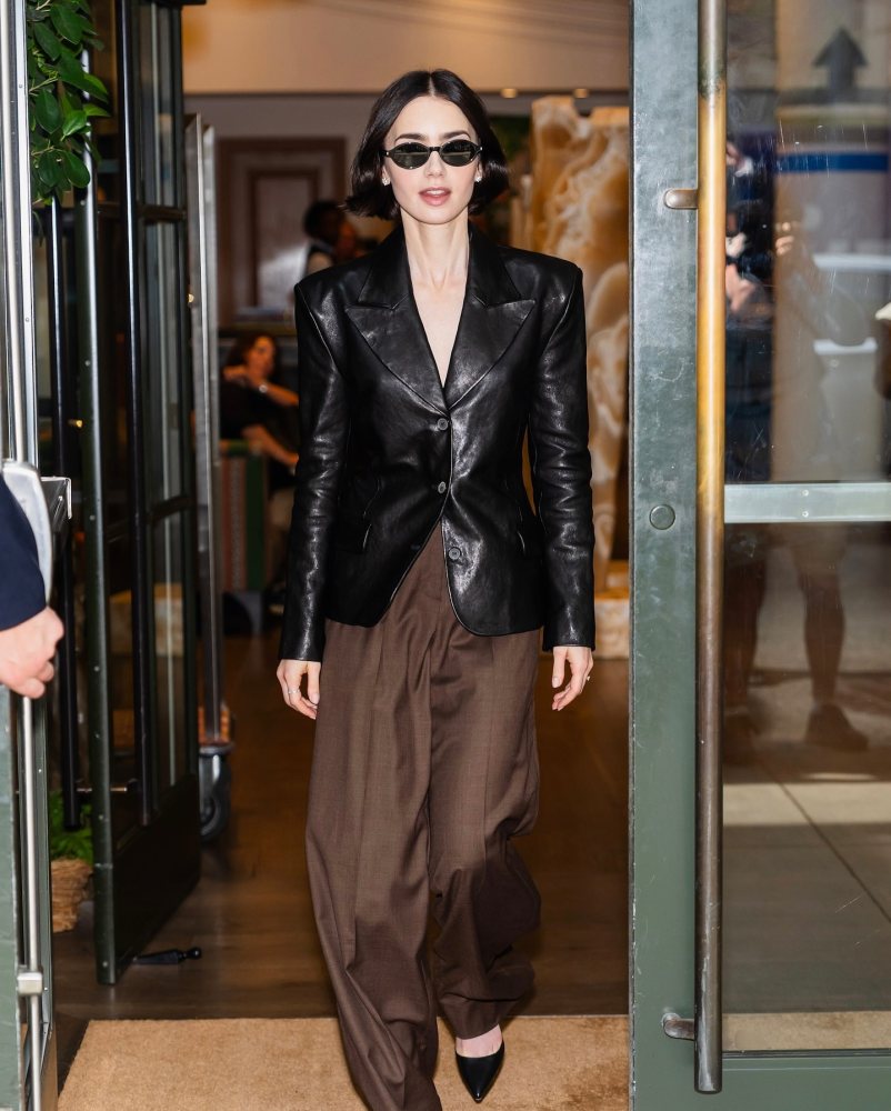 MAGDA BUTRYM Black Fitted Leather Jacket and MAGDA BUTRYM Wool wide-leg pants worn by Lily Collins | lilyjcollins's closet
