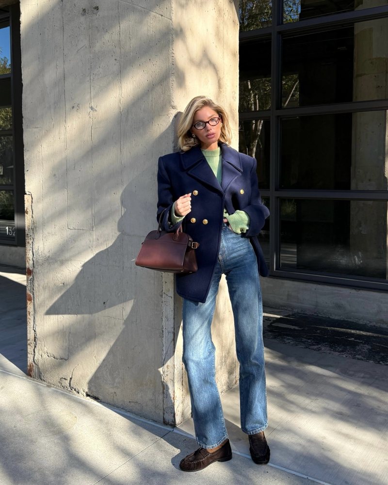 The Row Soft Margaux 10, Saint Laurent Le Loafer Penny Slippers in Suede, Saint Laurent Jeanne Oval-Frame Acetate Glasses and RECTO DOUBLE BREASTED FELT WOOL PEA COAT NAVY worn by Elsa Hosk | hoskelsa's closet