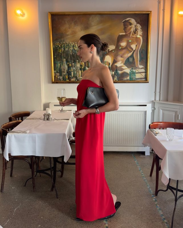 Jil Sander Goji Leather Shoulder Bag, Sophie et Voila Strapless Crepe Maxi Column Dress and ANINE BING pointed Rooney mules worn by Ilirida Krasniqi | iliridakrasniqi's closet