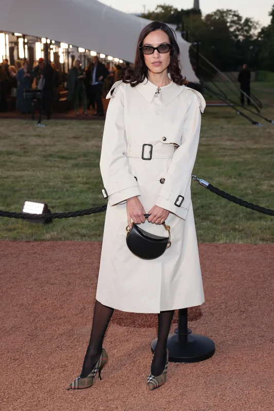 Burberry Long Gabardine Fitzrovia Trench Coat, Burberry Check Cameo High Pumps​, Burberry Bridle Clutch worn by Alexa Chung | Alexa Chung Outfits and Style