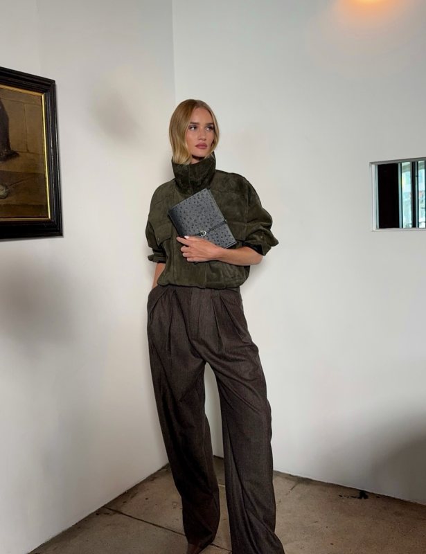 Saint Laurent Suede jacket and Saint Laurent Herringbone wool wide-leg pants worn by Rosie Huntington-whiteley | Rosie Huntington-whiteley Outfits and Style