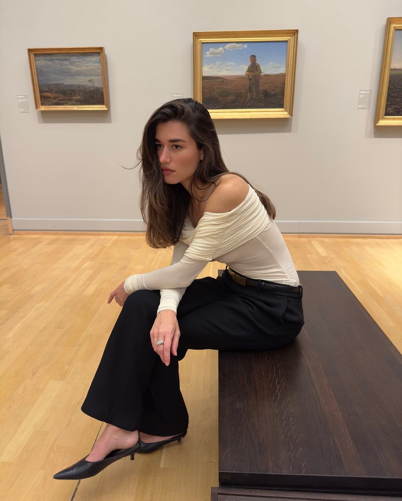 ANINE BING pointed Rooney mules, Khaite Axel Leather Belt and H&M Draped Off-the-shoulder Top worn by Ilirida Krasniqi | iliridakrasniqi's closet