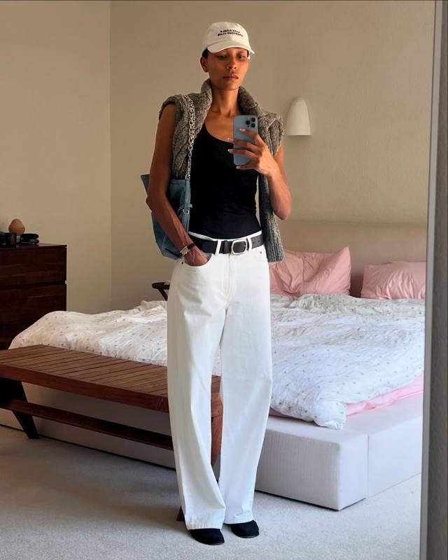 Givenchy Voyou Chain Medium denim shoulder bag, MATTEAU Everyday Belt, THE ROW Flats and JEANERICA BW017 Belem Jeans worn by TyLynn Nguyen | tylynnnguyen's closet