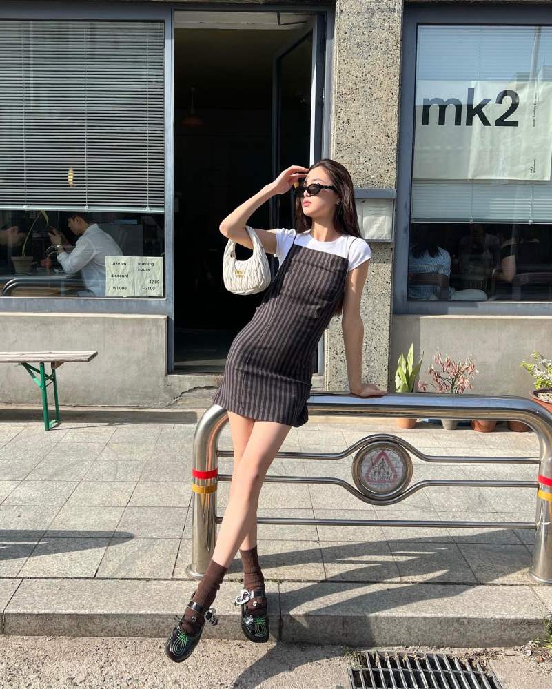 MUSIER Office striped minidress, MIU MIU White Wander Matelassé Nappa Leather Hobo Mini-bag, Maison Margiela x Gentle Monster – MM005 01 Sunglasses and CHOPOVA LOWENA MARTA MARY JANE worn by Estelle 陈瑜 | chen_estelle's closet