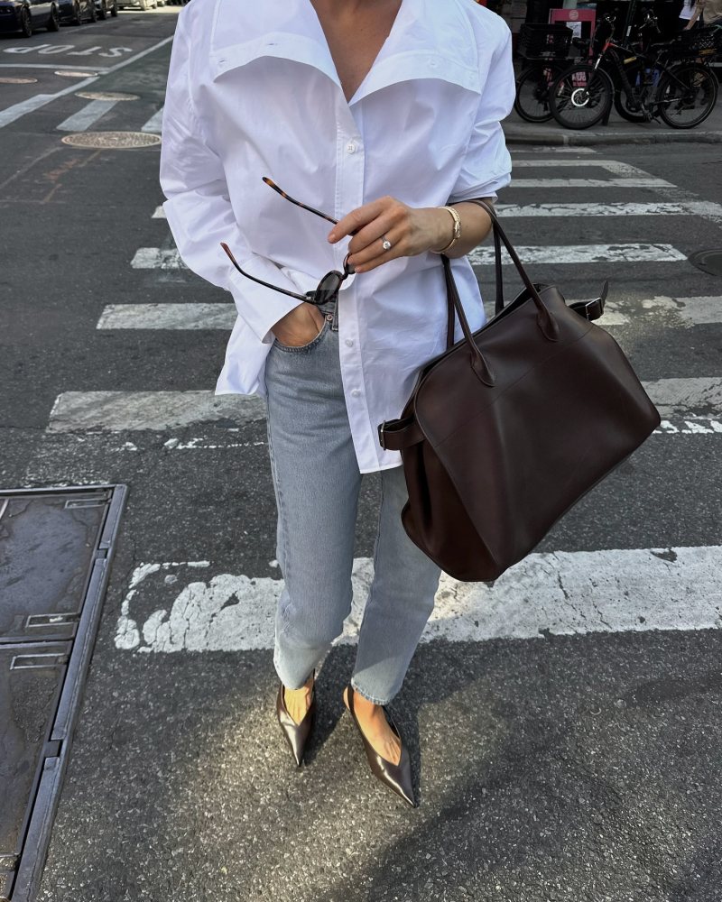 Toteme The Wedge-Heel Slingback bark, COS RELAXED FUNNEL-NECK SHIRT, The Row Margaux 17 leather bag and LEVI'S 501 Denim Jeans worn by Claire Rose Cliteur | clairerose's closet