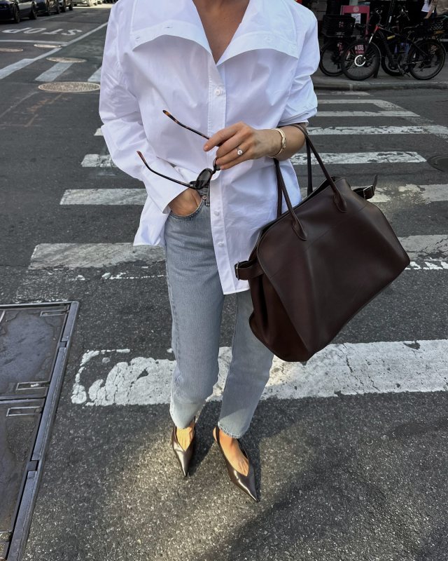 Toteme The Wedge-Heel Slingback bark, COS RELAXED FUNNEL-NECK SHIRT, The Row Margaux 17 leather bag and LEVI'S 501 Denim Jeans worn by Claire Rose Cliteur | clairerose's closet